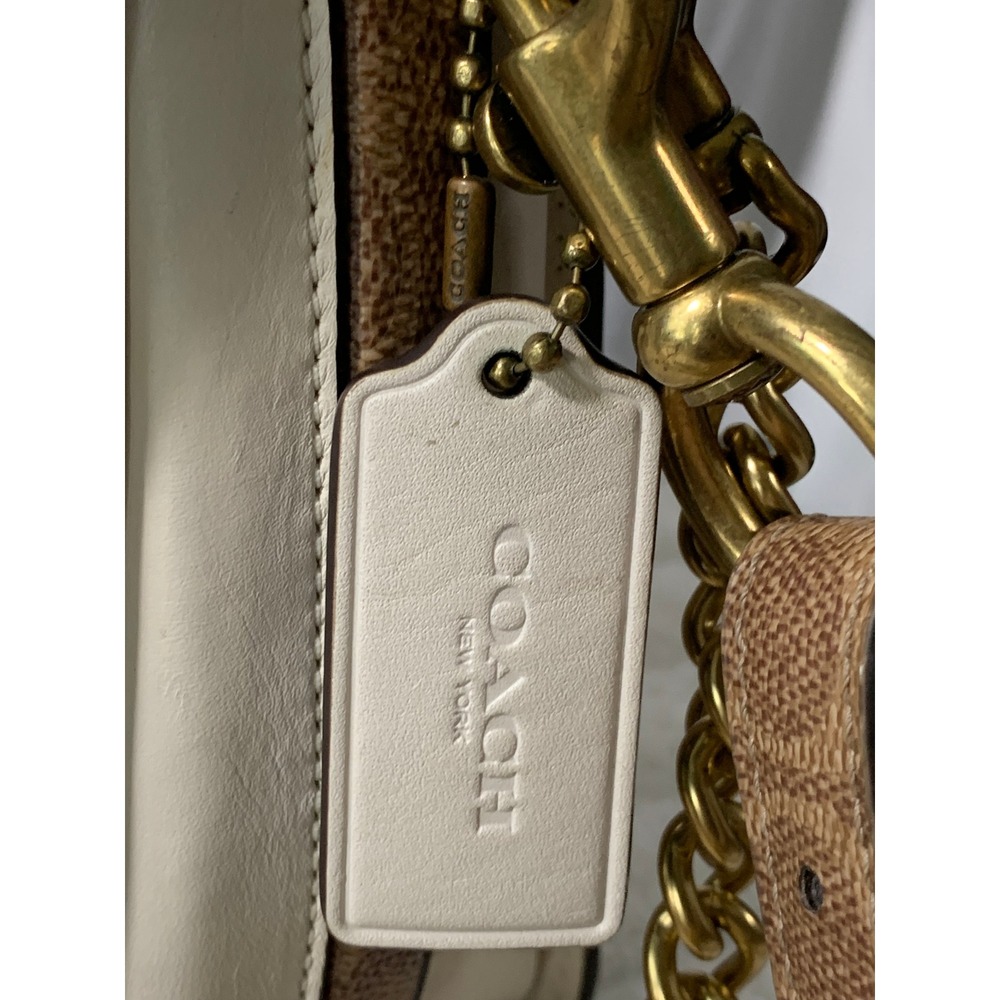 Coach Dreamer Shoulder Bag Chalk White Leather Signature Canvas Gold Chain#866 - Picture 7 of 16